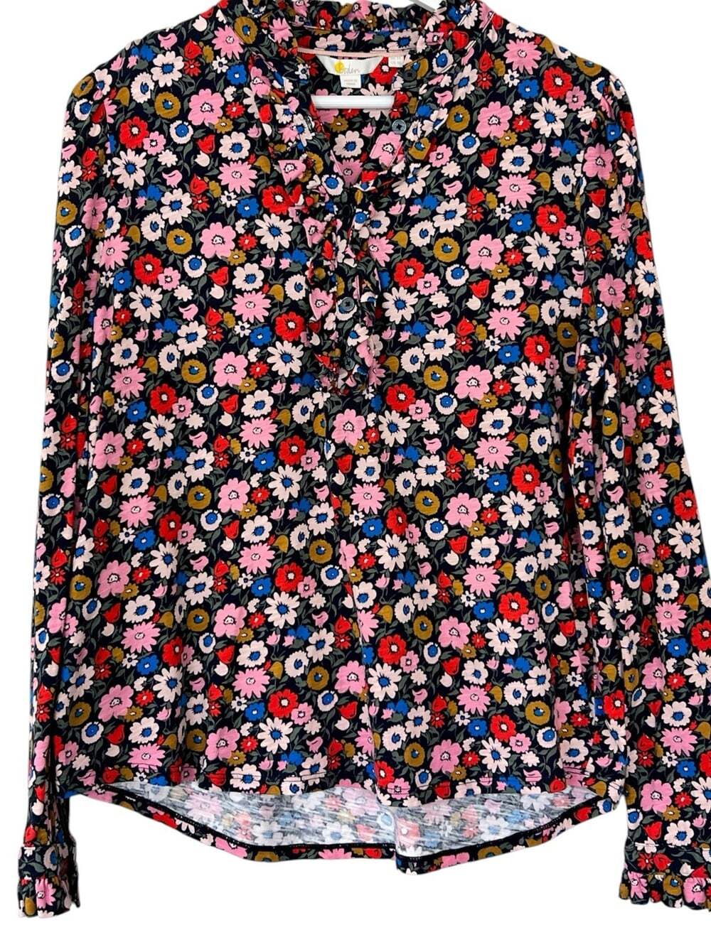 Boden Ruffle Neck Long Sleeve Henley Top Floral Print Cotton Romantic Blouse 10